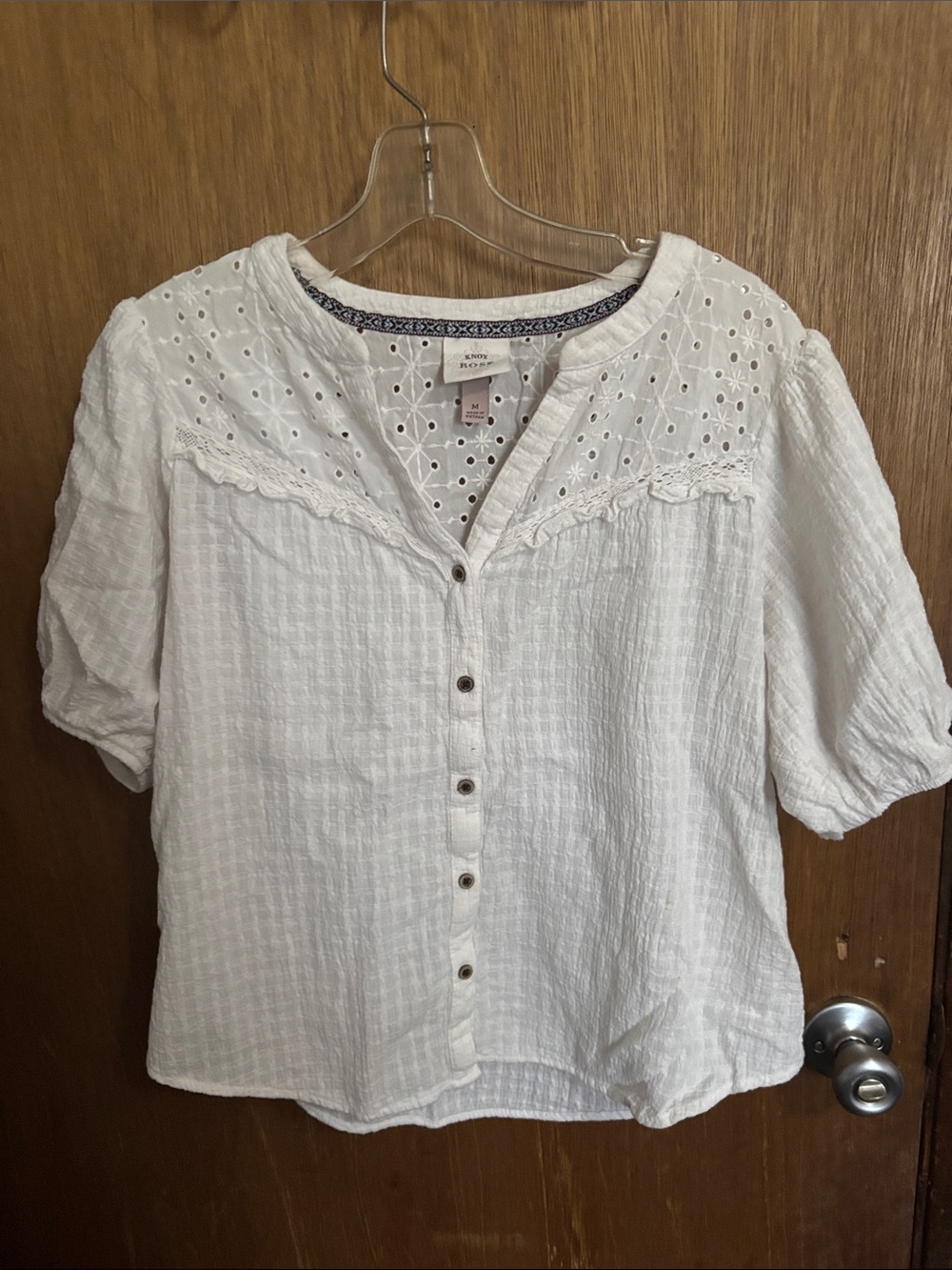Knox Rose White Eyelet Yoke Button-Up Blouse